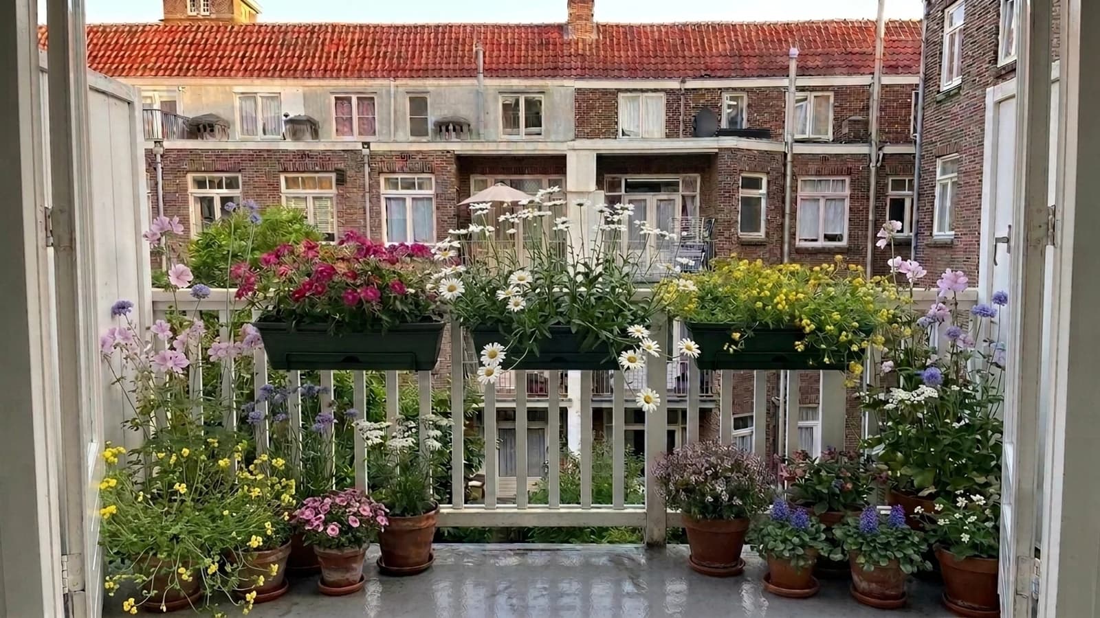 Balkon in De Pijp vol bloeiende inheemse planten, in bakken aan de reling en potten op de vloer